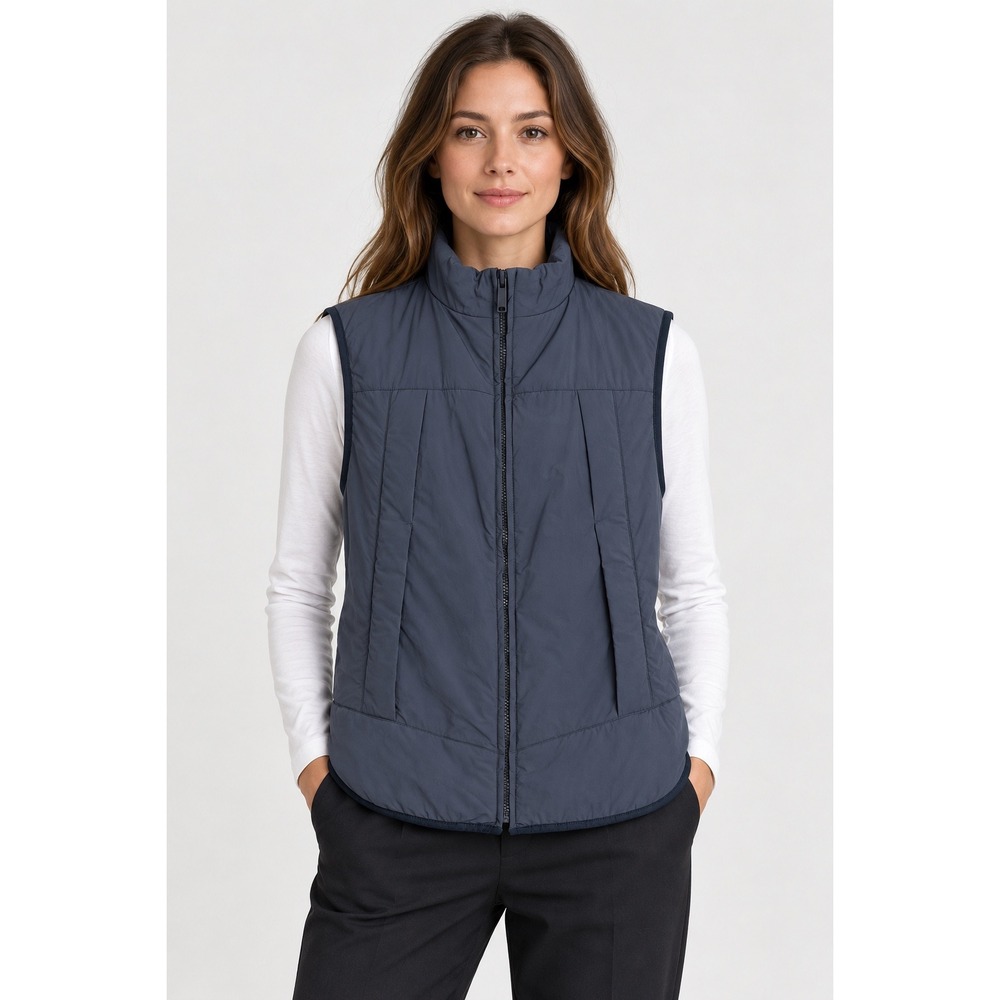 Zara Womens Puffer Vest Dark Blue Gray Mock Neck Zip Up Sleeveless Jacket Small